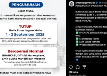 Butik Emas Antam Tutup Sementara Besok